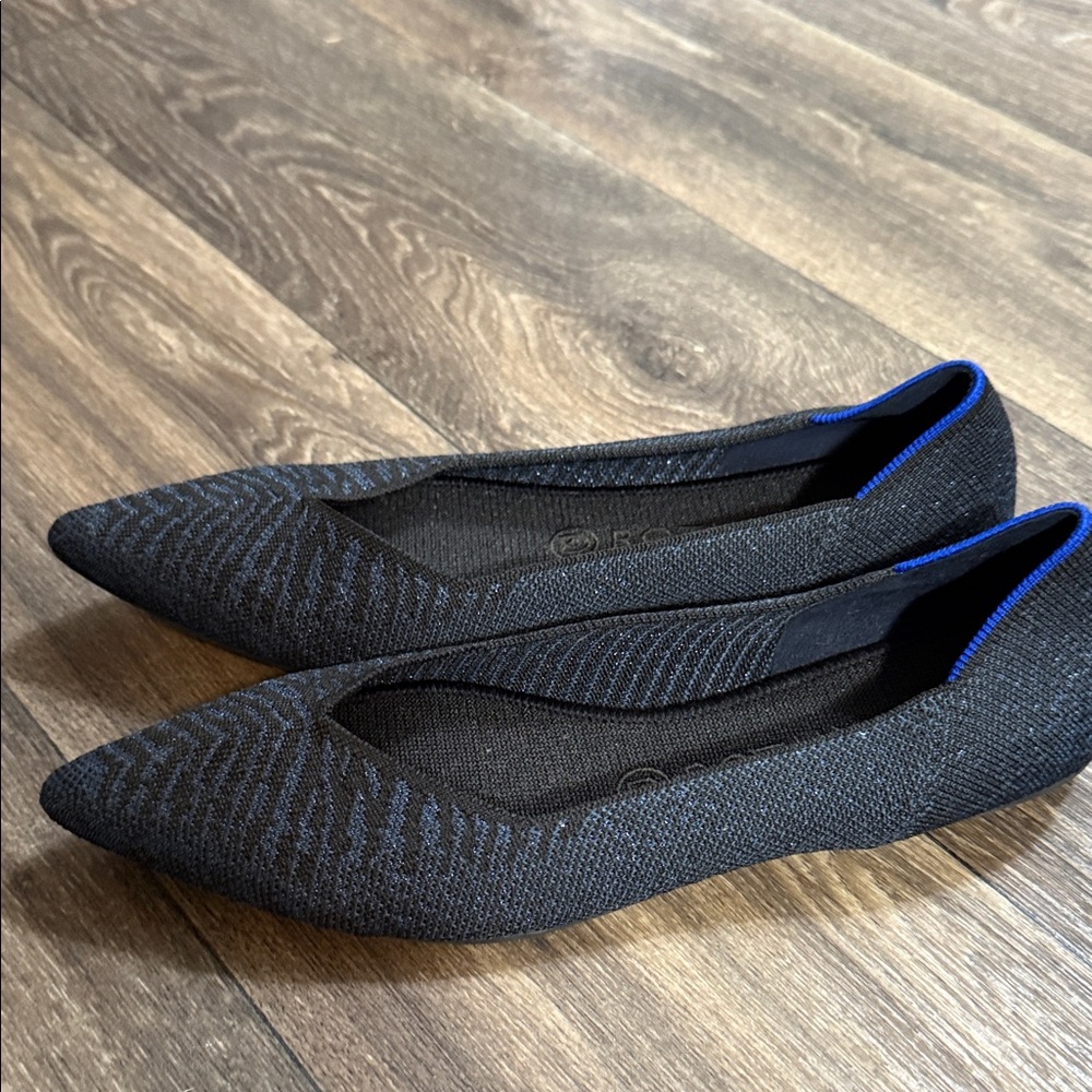 Rothy's Black Knit Pointed Toe Flats with Blue Trim